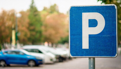 Blue metal city street parking sign, blurred cars in background. Urban car park space, traffic
