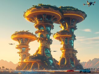Futuristic landscape featuring towering bio-architecture with drones and vehicles in a vibrant sunset