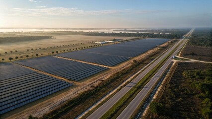 Large Solar Farm with Endless Rows of Solar Panels and Roadside View, Generative AI