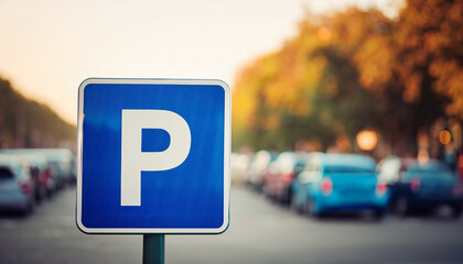 Blue metal city street parking sign, blurred cars in background. Urban car park space, traffic