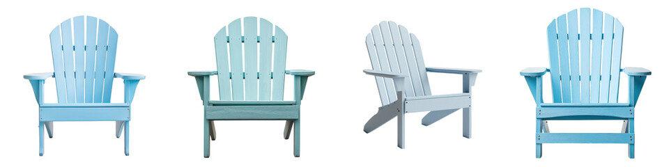 Fototapeta premium Scenic Adirondack style wooden chair in a peaceful outdoor setting surrounded by nature The blue toned chair invites relaxation and solace in a serene landscape perfect for a backyard cottage