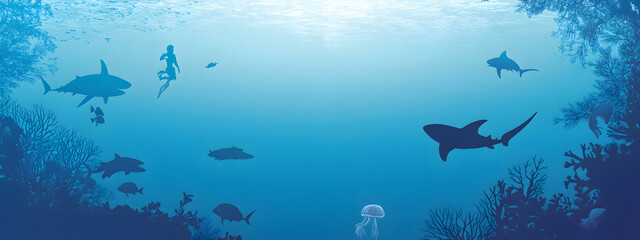Obraz premium A vector illustration of silhouettes of sea creatures swimming in the ocean, including sharks and turtles 