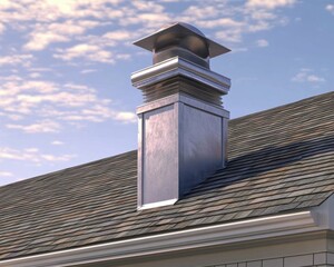 Exhaust Vent on House Rooftop. Furnace and Ridge Vent in Exterior Architecture