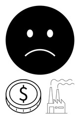 Fototapeta premium Frowning face with dollar coin and emitting factory. Ideal for economy, industry, environment, finance, pollution, societal issues, emotional impact. Flat abstract line metaphor