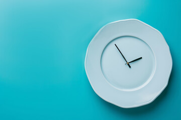 Plate with clock hands on a blue background, concept: meal schedule, dieting, and time management