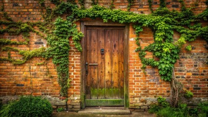 Weathered wooden door of a brick house with vines and moss , vintage, foliage,  vintage, foliage, greenery, overgrown, weathered, growth