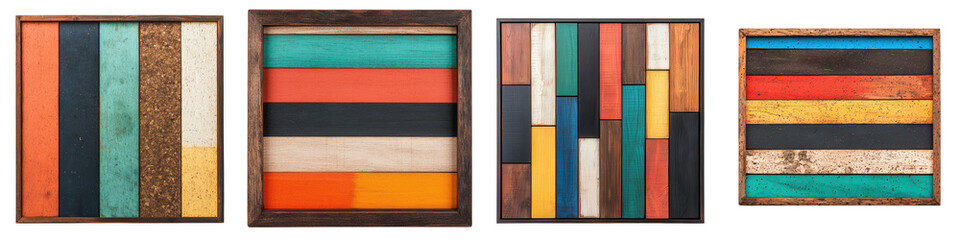 Vibrant abstract composition featuring a collage of recycled wood panels in various shades of green orange brown and other earthy tones  The minimalist