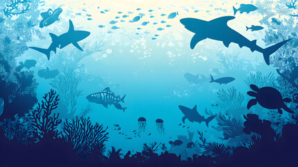 Fototapeta premium A vector illustration of silhouettes of sea creatures swimming in the ocean, including sharks and turtles 