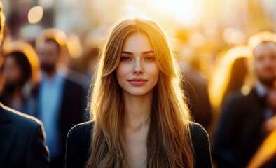 Obraz premium Young woman with long hair looking confidently at the camera in a bustling urban environment during sunset with soft golden light illuminating her face