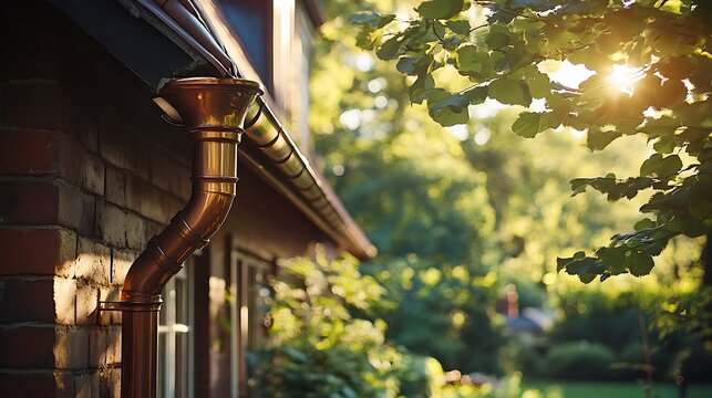 Copper Gutter on Brick Building with Lush Greenery and Sunlight