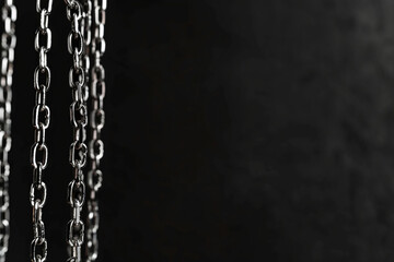 Silver chains hang on a black background with space for text. The chain is silver and he is old. The image has a dark and moody atmosphere.