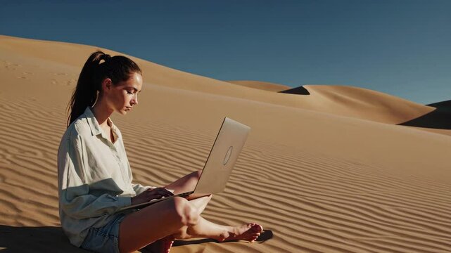 Digital Nomad Working in Vast Desert Landscape: A Majestic and Timeless Wilderness