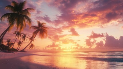 The sun sets over a tropical beach, with palm trees swaying against a vibrant sky.