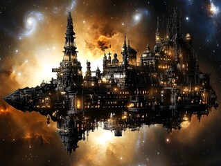Fototapeta premium Futuristic spaceship gliding through a cosmic nebula, illuminated by distant stars and galaxies