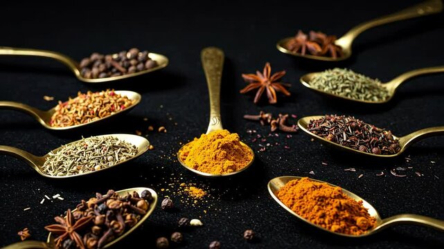 Various spices arranged artistically on golden spoons