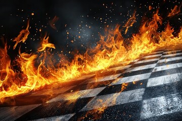 Fiery checkered racing track ablaze with intense flames and sparks against a dark background.