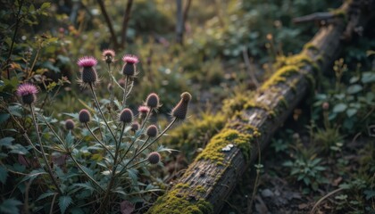 Pink Thistle Flowers Blooming in a Lush Green Forest with Mossy Log