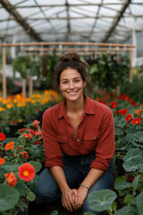 Obraz premium Smiling female gardener kneeling in greenhouse surrounded by flowers