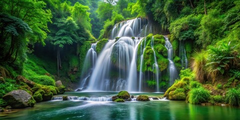 Waterfall cascade through lush green vegetation, greenery, leafy greens,  greenery