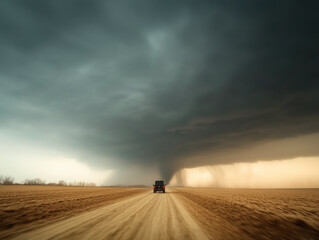 A lone vehicle driving towards a massive tornado forming under dark storm clouds.