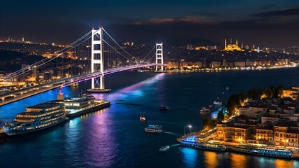 Fototapeta premium Night view of Bosphorus Bridge and city skyline in Istanbul Turkey