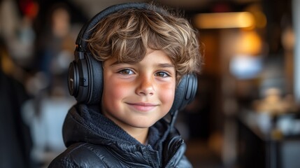 Happy Boy Listening to Music with Headphones in Cafe