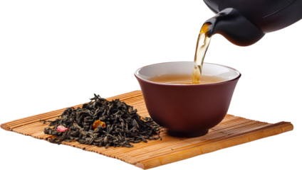 Brewing Aromatic Tea Dark Tea Leaves Teapot and Cup on Bamboo Mat