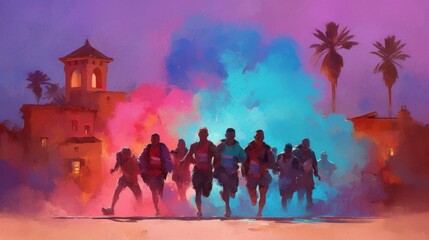 Fototapeta premium Marathon Runners Colorful Smoke Cityscape Dusk