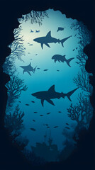 A vector illustration of silhouettes of sea creatures swimming in the ocean, including sharks and turtles
