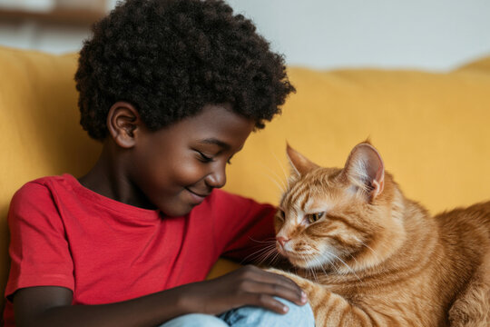 Happy black child petting ginger cat on sofa at home