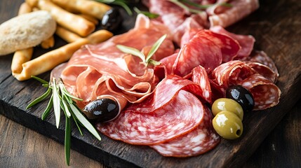 木製ボードに盛り付けられた生ハムの盛り合わせ プレートとオリーブ | Charcuterie Plate with Olives on Wooden Board