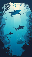 Obraz premium A vector illustration of silhouettes of sea creatures swimming in the ocean, including sharks and turtles 