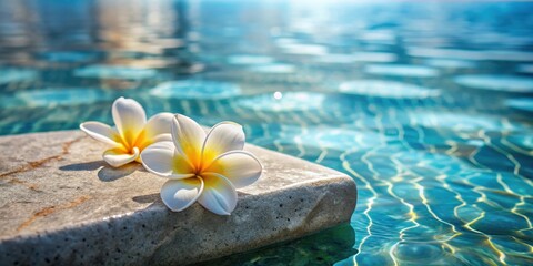 Marble platform on water with plumeria flowers, calmness, serenity, calmness, serenity