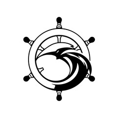 Nautical, black and white logo of a bird-like shape within a ship wheel, creating a simple, stylized emblem.