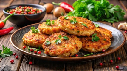 Fototapeta premium Tender chicken cutlets made from minced meat with a sprinkle of paprika, showcasing their juicy texture and flavorful aroma, chicken cutlet, meat