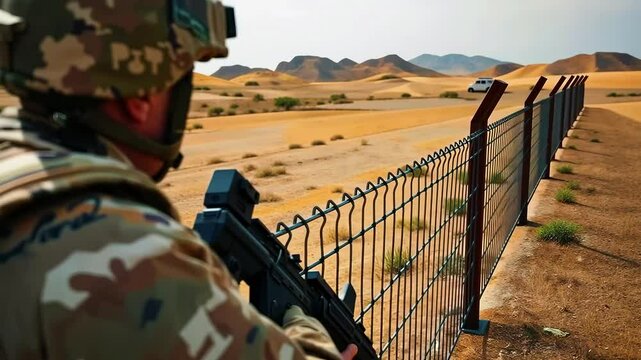 Soldier observing a distant vehicle near a desert border fence under a hazy sky