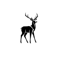 Black and white geometric illustration of a deer standing with large antlers.