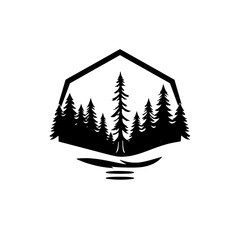 Forest Silhouette Within a Hexagon: Black-and-White Image Illustrating Evergreen Pine Trees. A Simple, Nature-Inspired Logo.