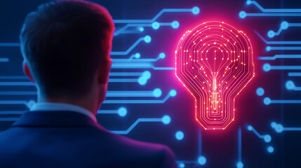Fototapeta premium A business professional analyzing digital data with a high-tech light bulb graphic.