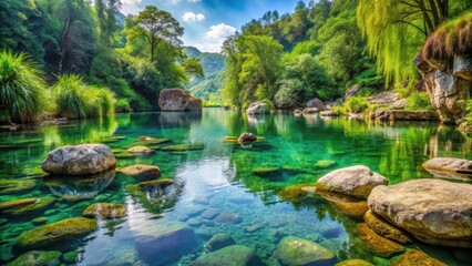 Serene natural rock formations submerged in calm river waters, surrounded by lush greenery and vibrant aquatic plants , peaceful scene, tranquility