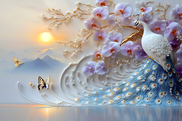 Elegant peacock with flowers and butterflies with gold details, against a beautiful sunset over mountains and trees, with a lake reflecting the sky
