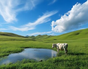 Fototapeta premium Serene Pastoral Landscape with Grazing Cow in Lush Green Meadow and Cloudy Blue Sky