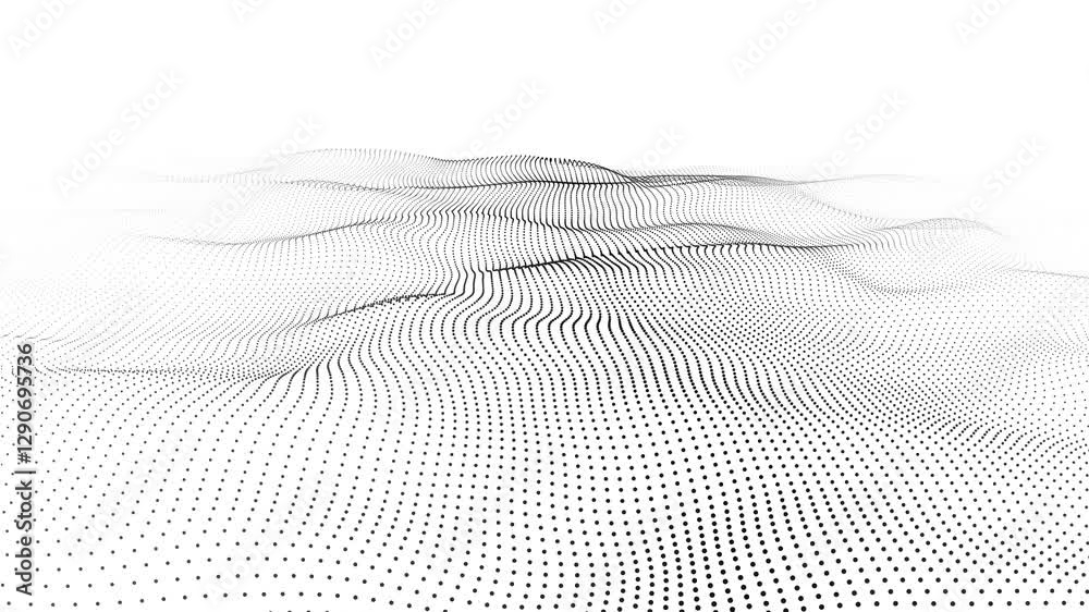 Fototapete A wave of moving particles. Abstract 3d illustration on a white background. Seamless loop.