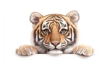 Obraz premium A close-up portrait of a tiger peering over a surface with expressive eyes.