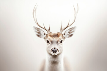 A close-up portrait of a majestic deer on a soft, minimalistic background.