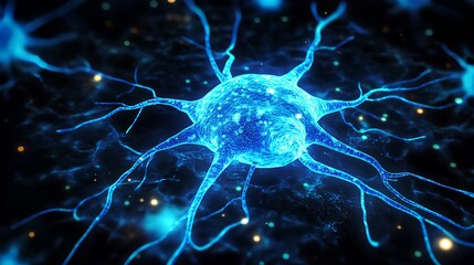 blue neon lights with intricate details, forming the shape of a brain cell in circular symmetry on a  black background