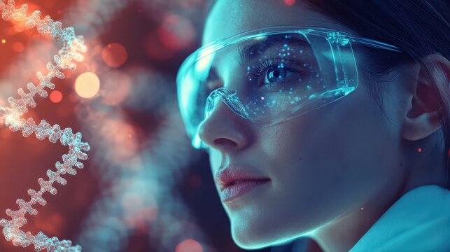 Female Scientist with DNA Strand in Laboratory Setting