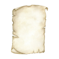 Parchment beige sheet of vintage paper with old torn and curled edges. Hand drawn watercolor isolated illustration of papyrus. Template with copy space for text for retro design, cards, invitations.