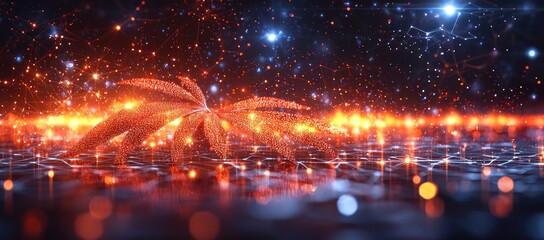 Naklejka premium Glowing leaves on a futuristic, illuminated surface with bokeh lights.