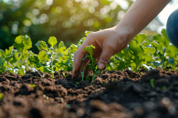 A hand is reaching into the dirt to pick up a plant. Concept of connection to nature and the importance of nurturing plants.